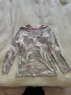 Realtree Women's Long Sleeve Woodland Camo V-Neck Tee with Pink Trim